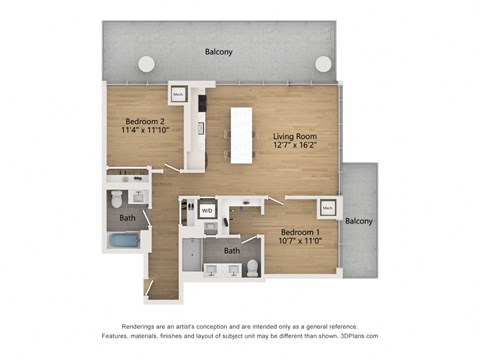 Floor plan for 2 beds, 2 baths, 972 sqft